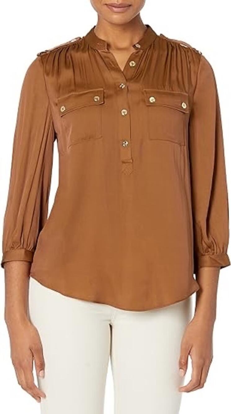 Trina Turk Women's Pocket Blouse Old Gold Color Size Large
